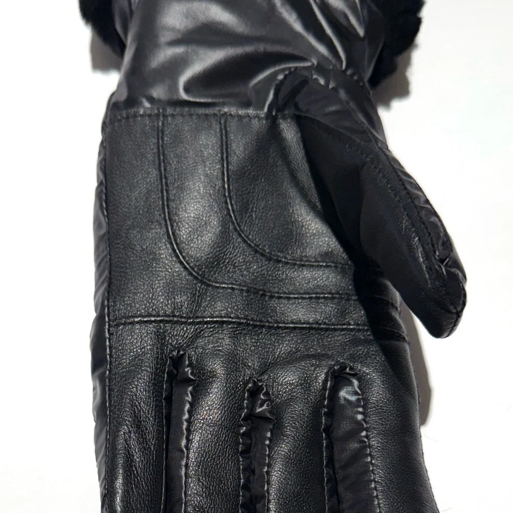 UGG Black Shearling-Trim Touchscreen Leather Gloves NWT